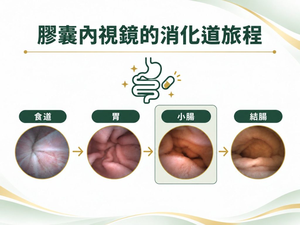 膠囊內視鏡的消化道旅程：依序通過食道、胃、小腸、結腸